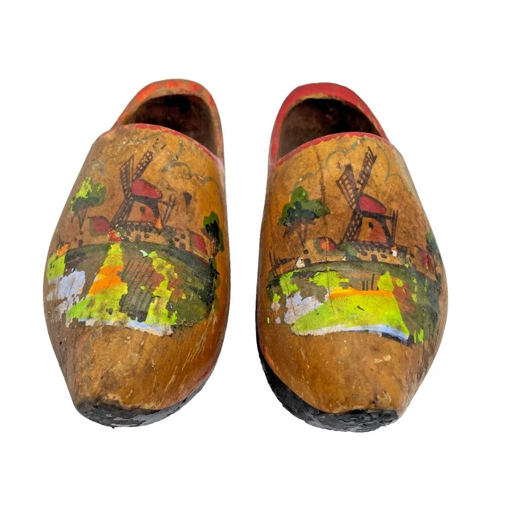 Vintage Dutch Wooden Clogs Hand Painted Windmills Amsterdam Holland